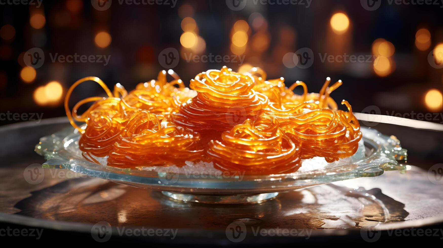 Indisch voedsel gebeld zoet jalebi Aan een glinsterend glas schotel in een feestelijk Indisch markt met een levendig kleur thema ai generatief foto