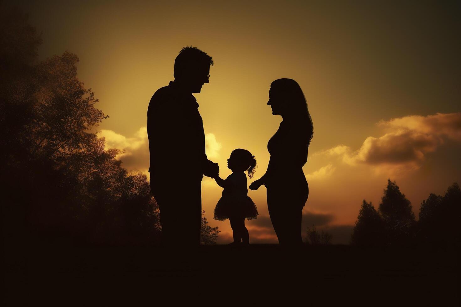 schaduw van gelukkig familie samen, ouders met hun weinig baby Bij zonsondergang. een silhouet van liefde en eenheid. ai generatief foto