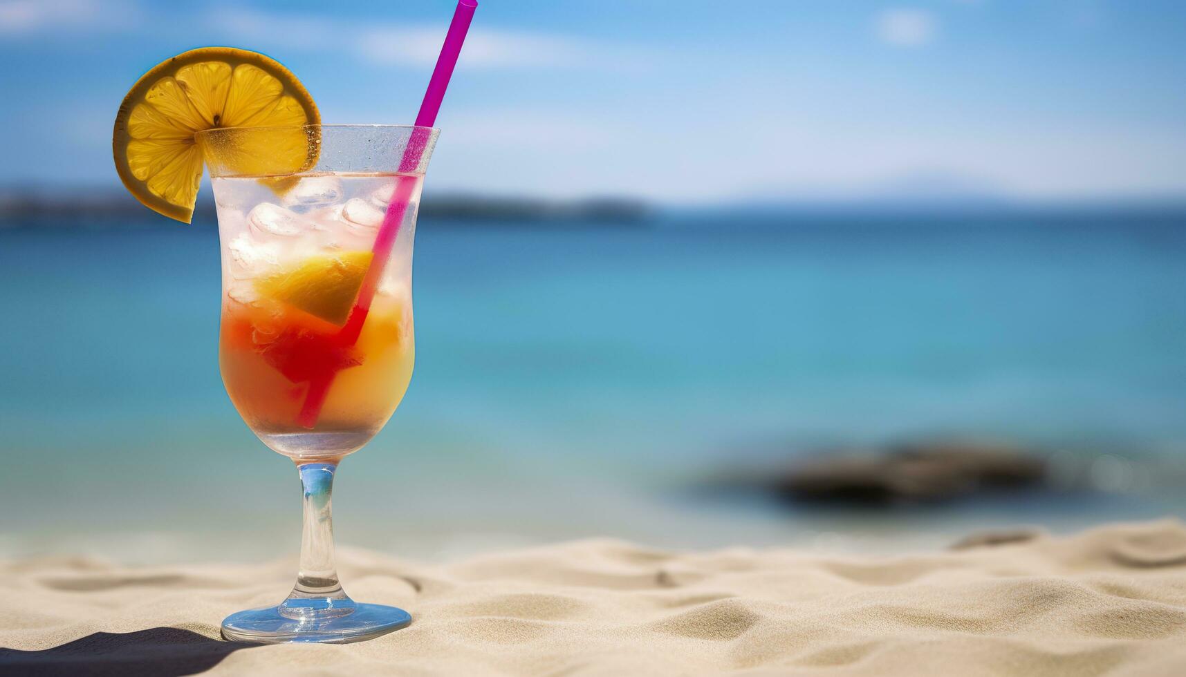 cocktail glas Aan de zanderig strand in de buurt de zee in zomer tijd. generatief ai foto