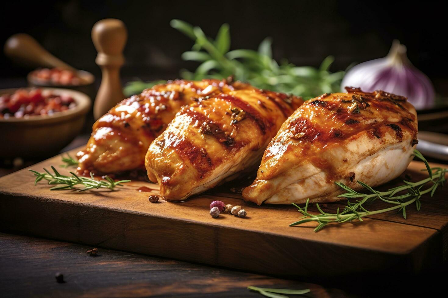 detailopname van smakelijk gebraden kip borst geserveerd Aan houten bord. gegrild kip. generatief ai foto