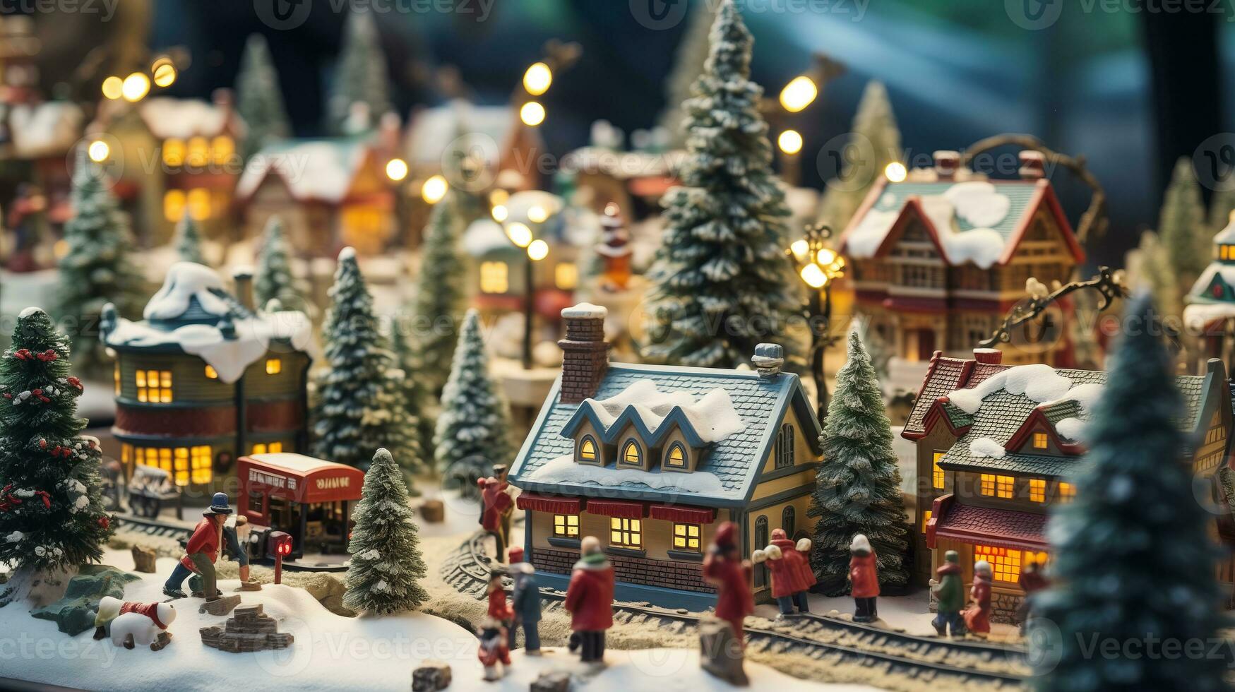 winter model- dorp met sneeuw Aan Kerstmis dag. papier voor geschenk dozen bereid voor vakantie feesten. foto