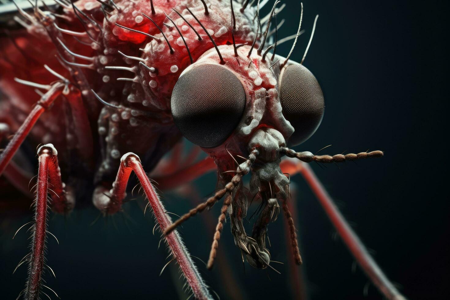 3d renderen van een rood mug Aan een donker achtergrond. macro, microscopisch beeld van een mug, ai gegenereerd foto
