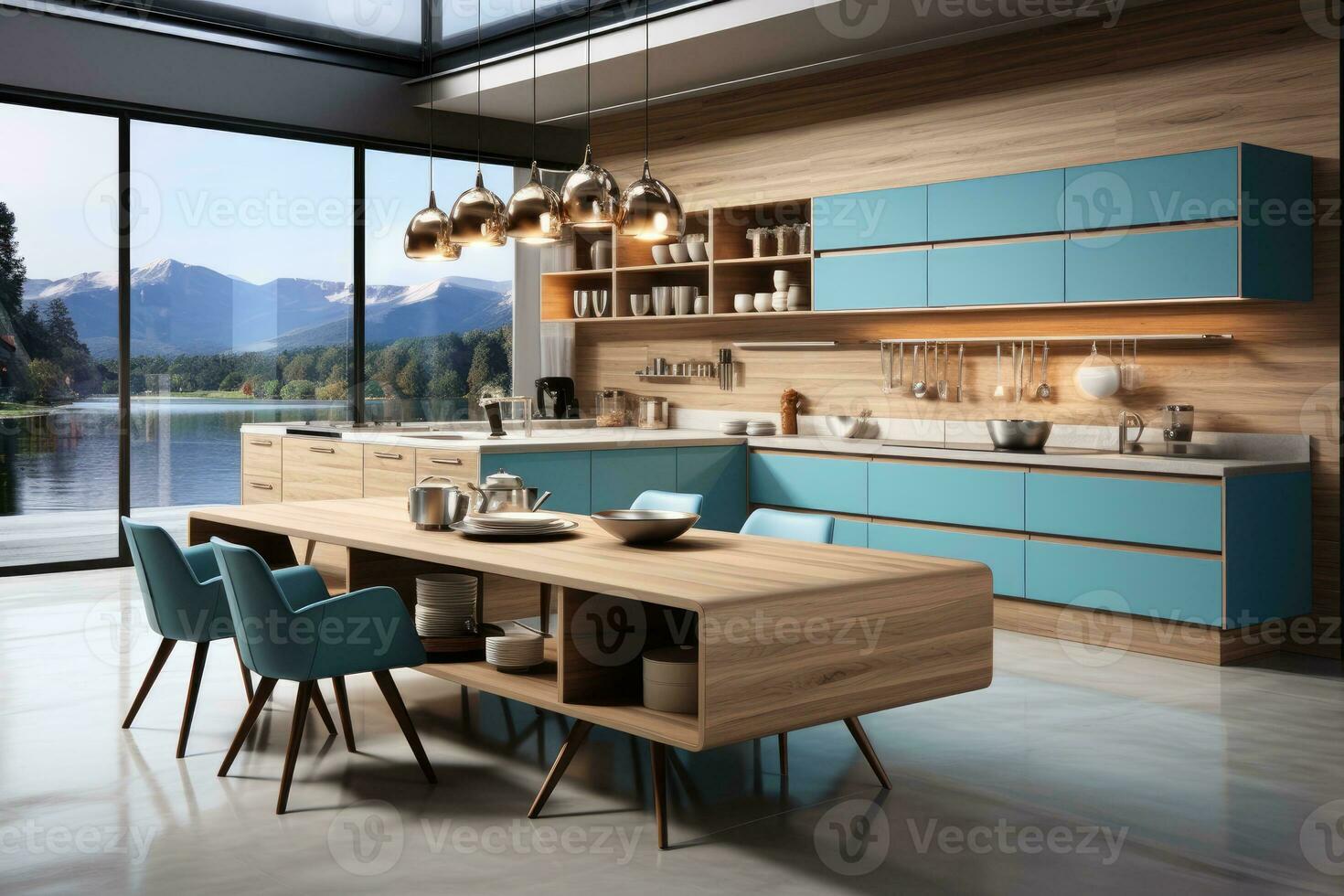 modern keuken versierd hout en blauw thema ai gegenereerd foto
