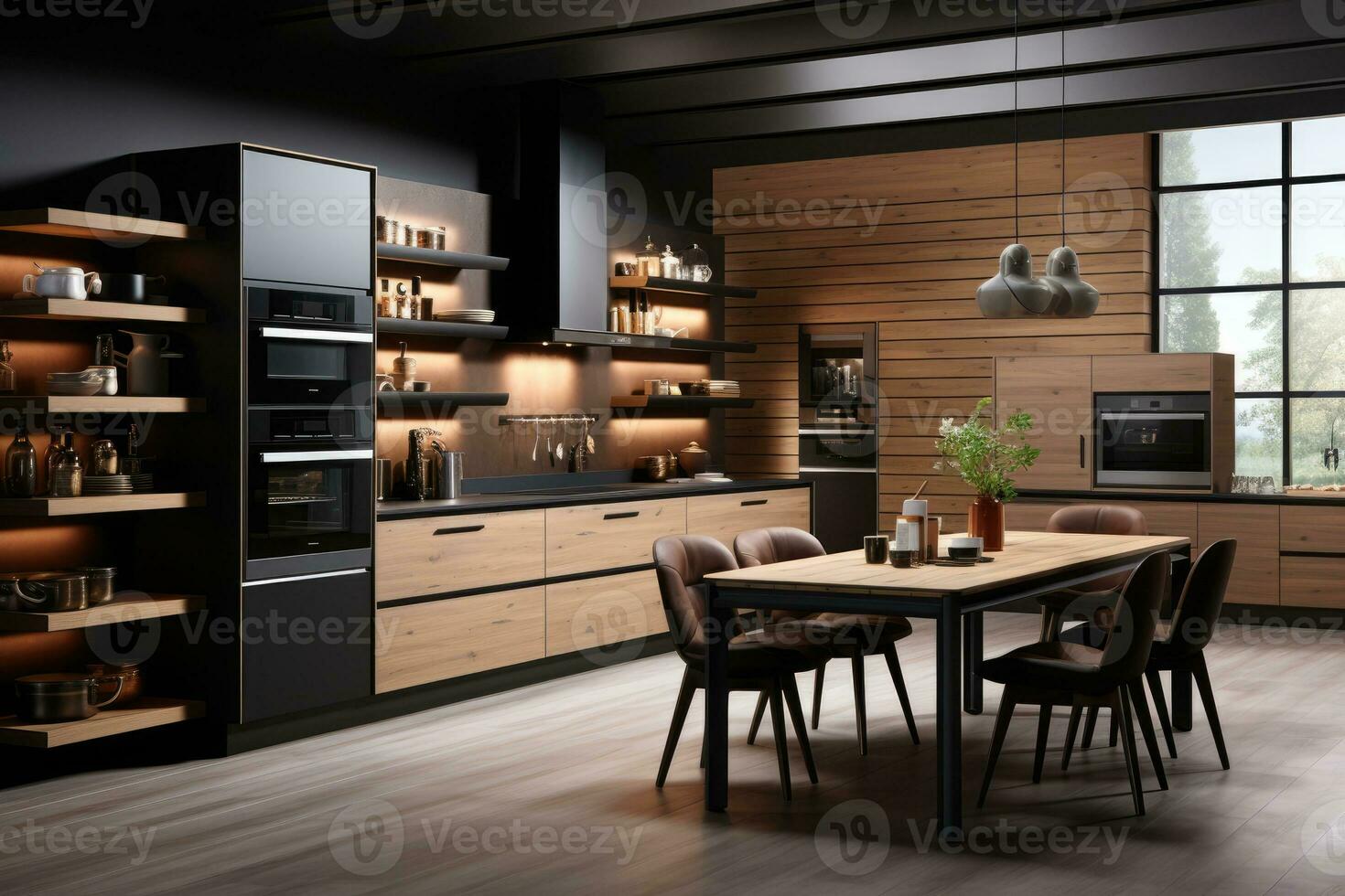 modern keuken versierd hout en zwart thema ai gegenereerd foto