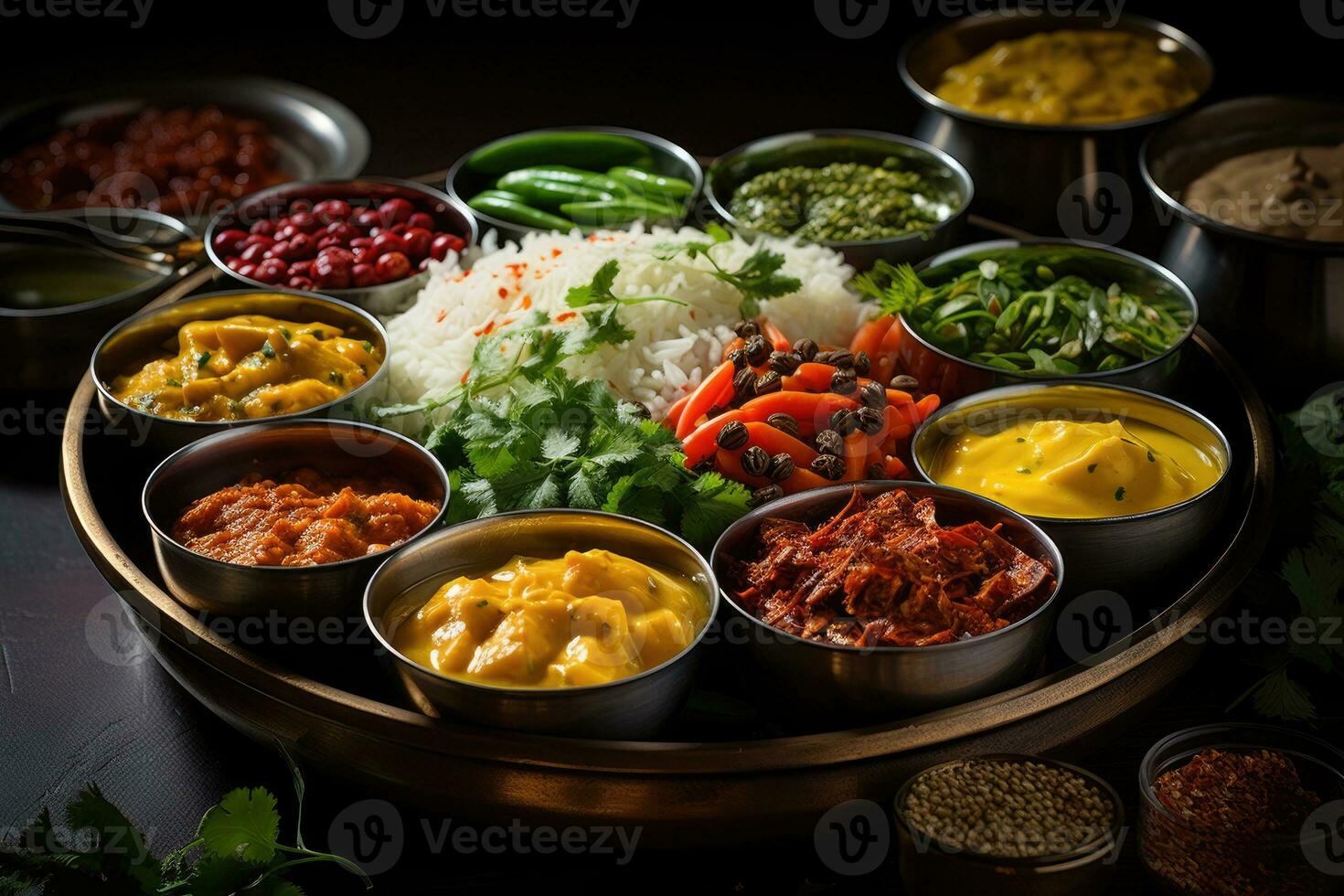 foto's van vegetarisch Indisch thali in binnen- keuken tafel foto studio ai gegenereerd