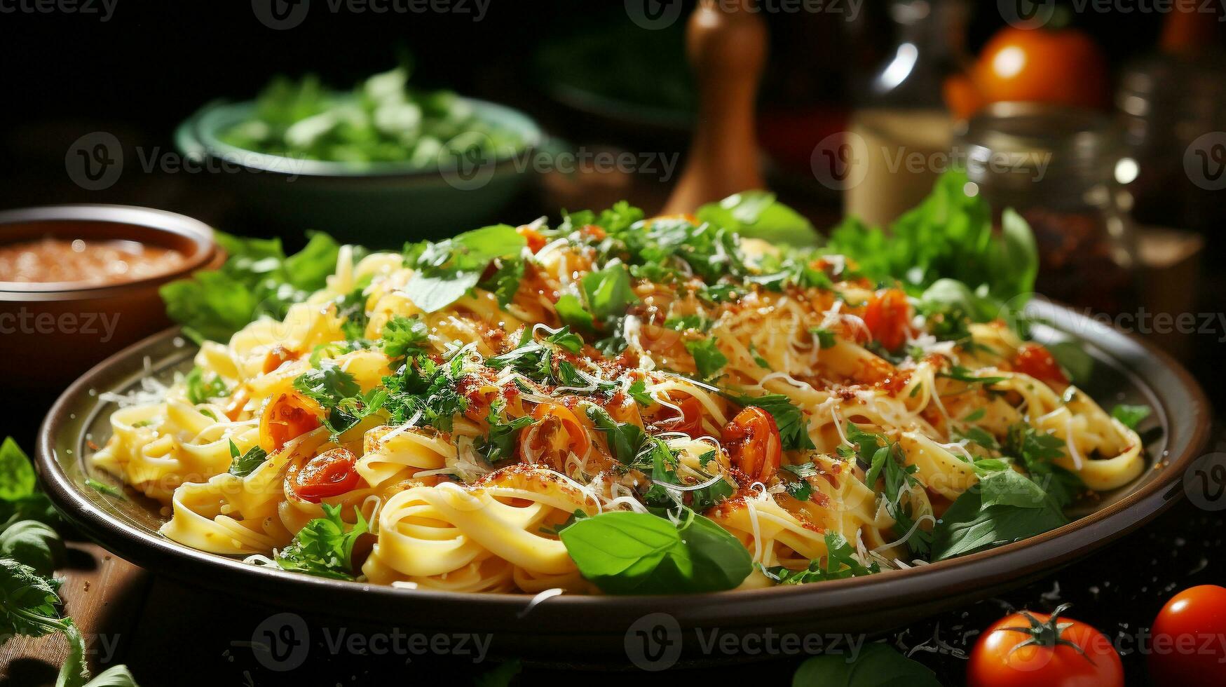 gezond vegetarisch pasta maaltijd met vers tomaat en kruid saus ai generatief foto