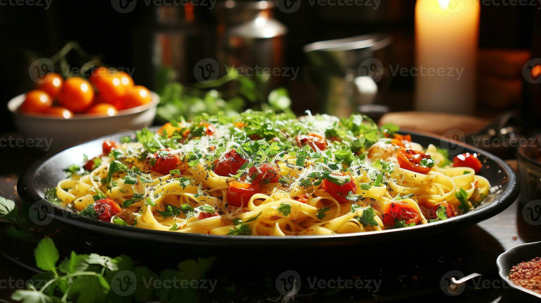 gezond vegetarisch pasta maaltijd met vers tomaat en kruid saus ai generatief foto