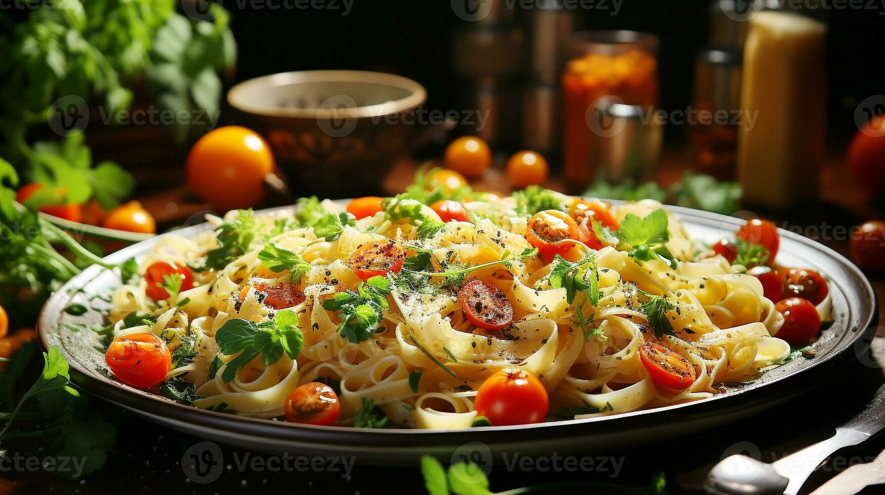 gezond vegetarisch pasta maaltijd met vers tomaat en kruid saus ai generatief foto