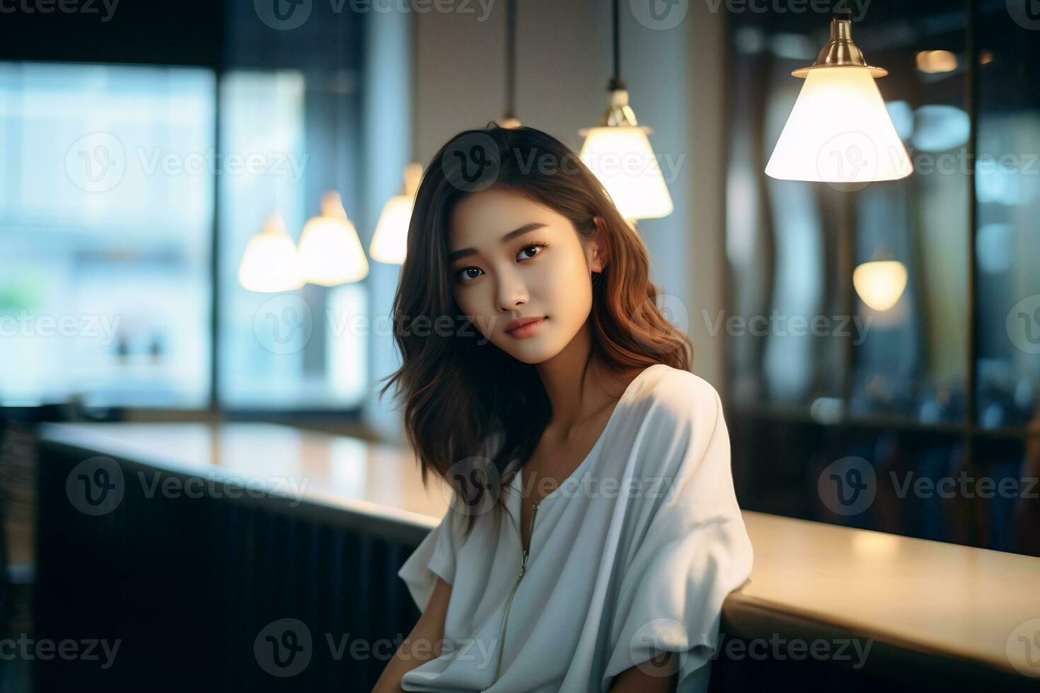 mooi Aziatisch meisje zittend binnen een knus cafe ai generatief foto