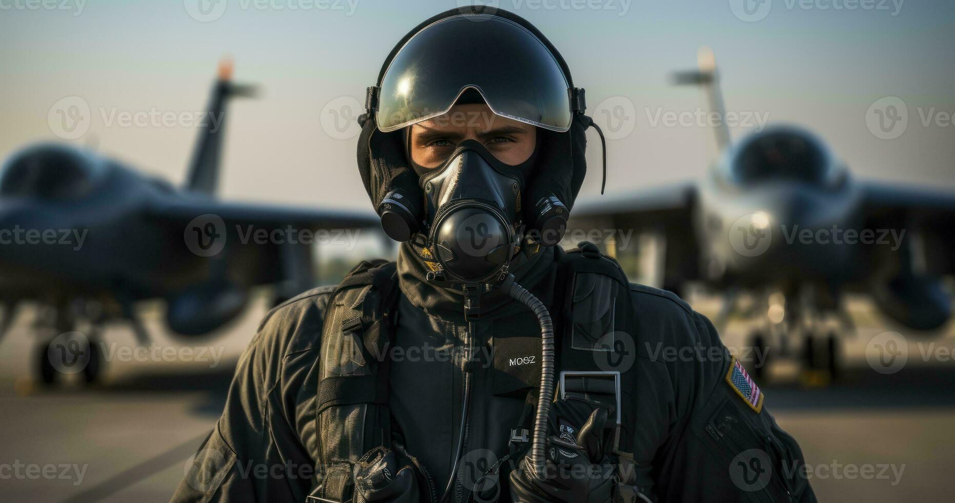 klaar voor de luchten - vechter piloot Bij vliegveld vervelend masker en helm. generatief ai foto