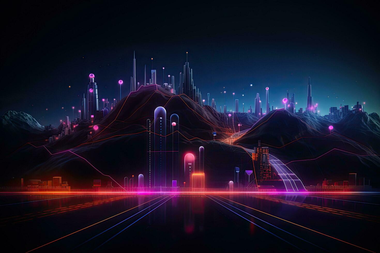 futuristische stadsgezicht met neon lichten, 3d renderen digitaal illustratie, neon kleur stappenplan, straat, donker achtergrond met doelen, ai gegenereerd foto