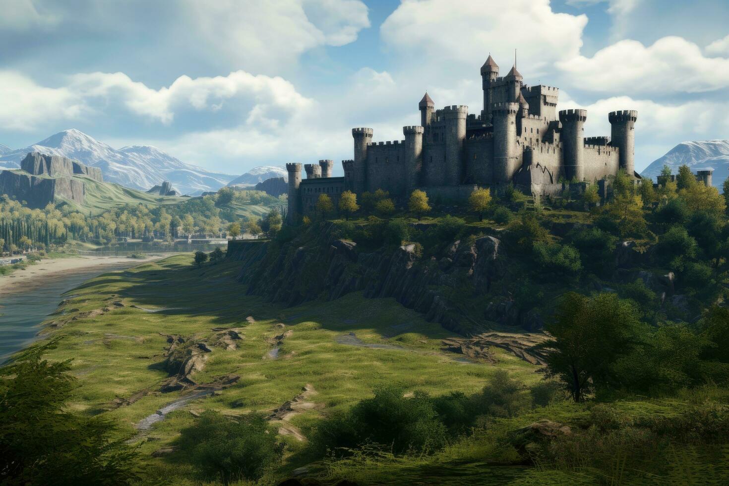 fantasie landschap met middeleeuws kasteel in de bergen. 3d weergave, middeleeuws bolwerk kasteel met heuvels, bergen, groen velden, ai gegenereerd foto