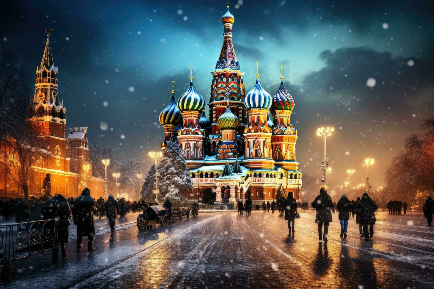 st. basilicum kathedraal Aan rood plein in Moskou, Rusland, Moskou, Rusland, rood vierkant, visie van st. basilicum kathedraal, Russisch winter, ai gegenereerd foto