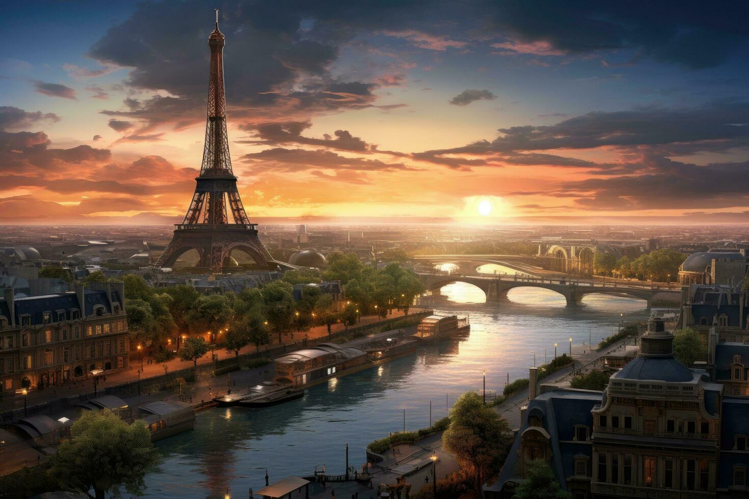 eiffel toren en Seine rivier- Bij zonsondergang, Parijs, Frankrijk, eiffel toren stad, ai gegenereerd foto