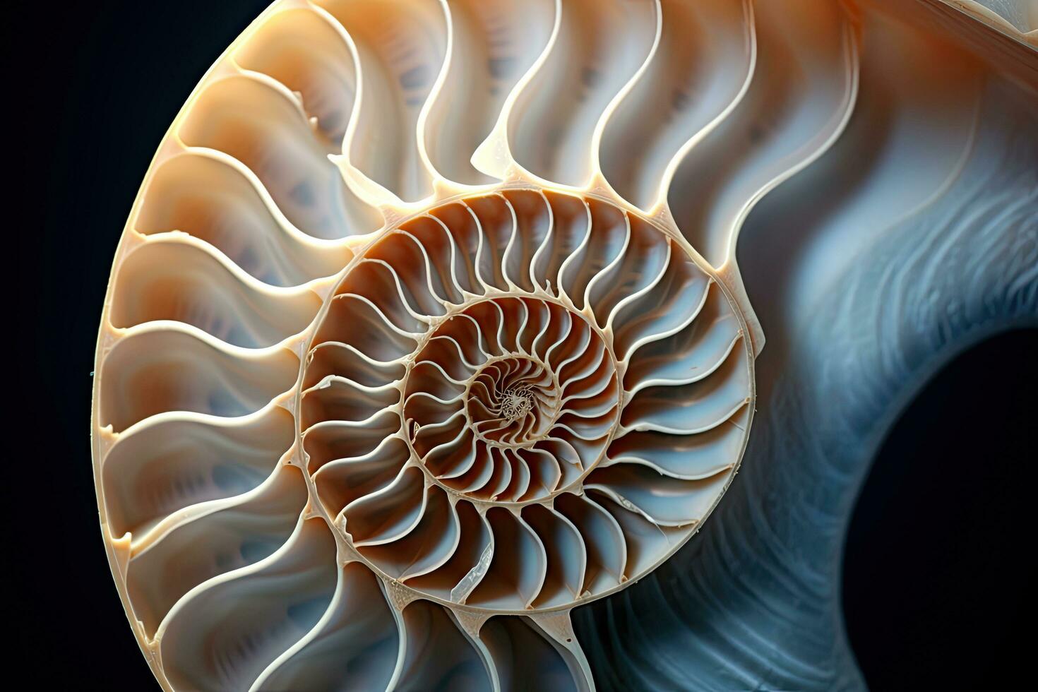 nautilus schelp Aan zwart achtergrond, computer gegenereerd abstract achtergrond, 3d veroorzaken, nautilus schelp, detailopname van een nautilus schelp, ai gegenereerd foto