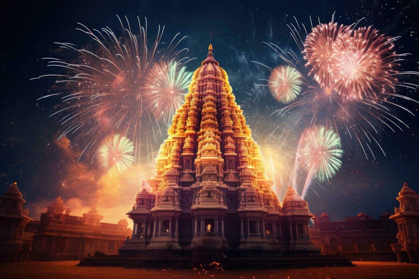 vuurwerk over- Hindoe tempel in katmandu, Nepal, vuurwerk bovenstaand een Hindoe tempel gedurende diwali of deepavali, ai gegenereerd foto