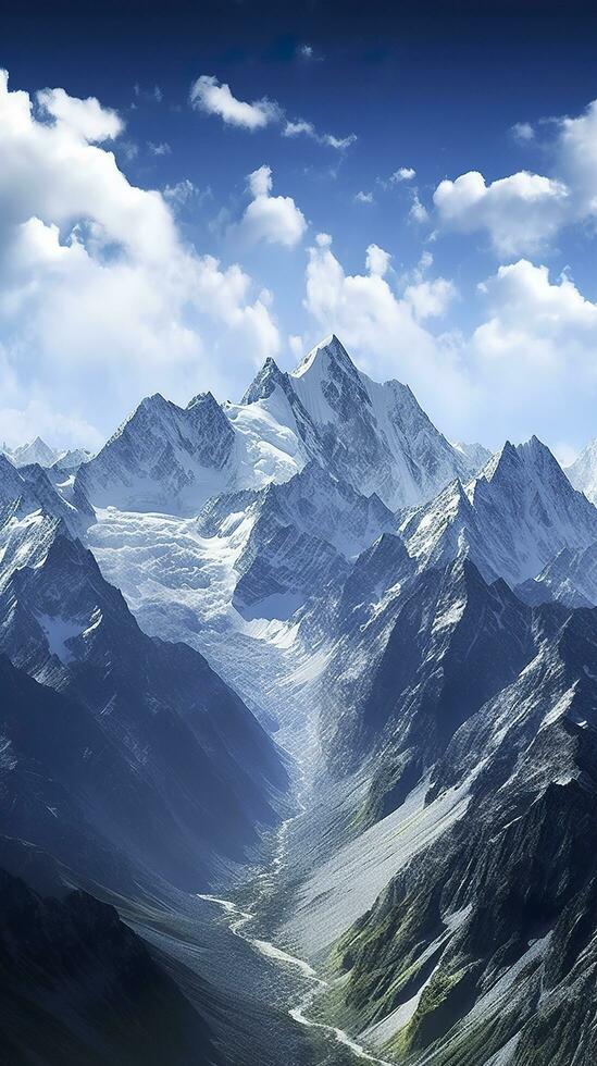 de schoonheid van een majestueus en sneeuw afgedekt berg bereik, met robuust pieken, ai generatief foto