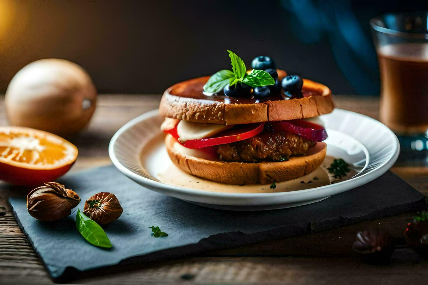 een belegd broodje met fruit en groenten Aan een bord. ai-gegenereerd foto