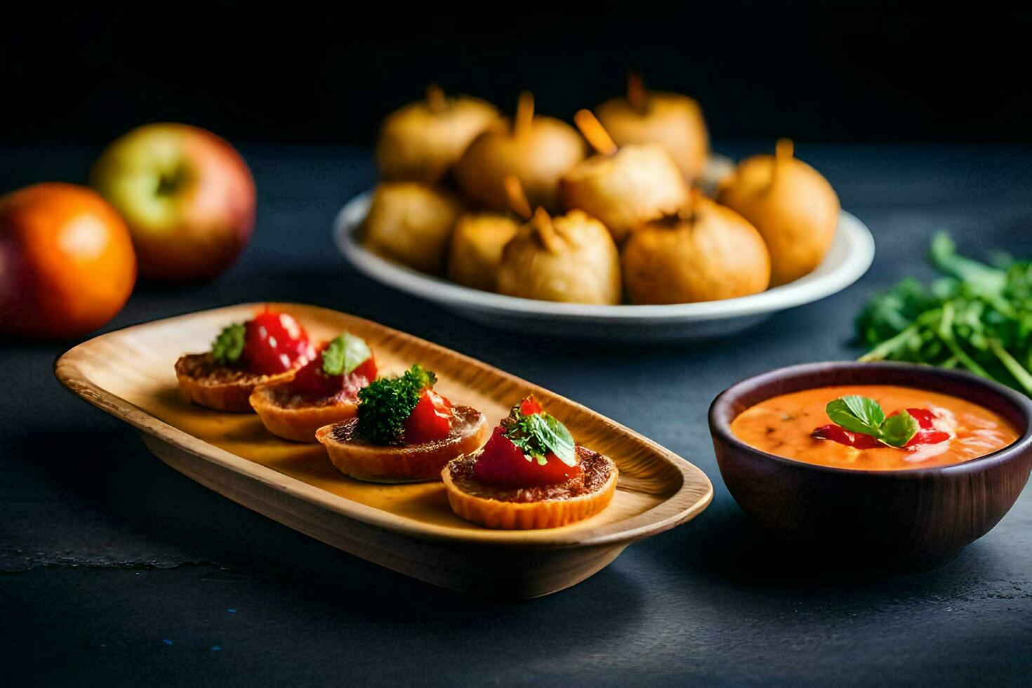 een houten dienblad met voorgerechten en een kom van saus. ai-gegenereerd foto