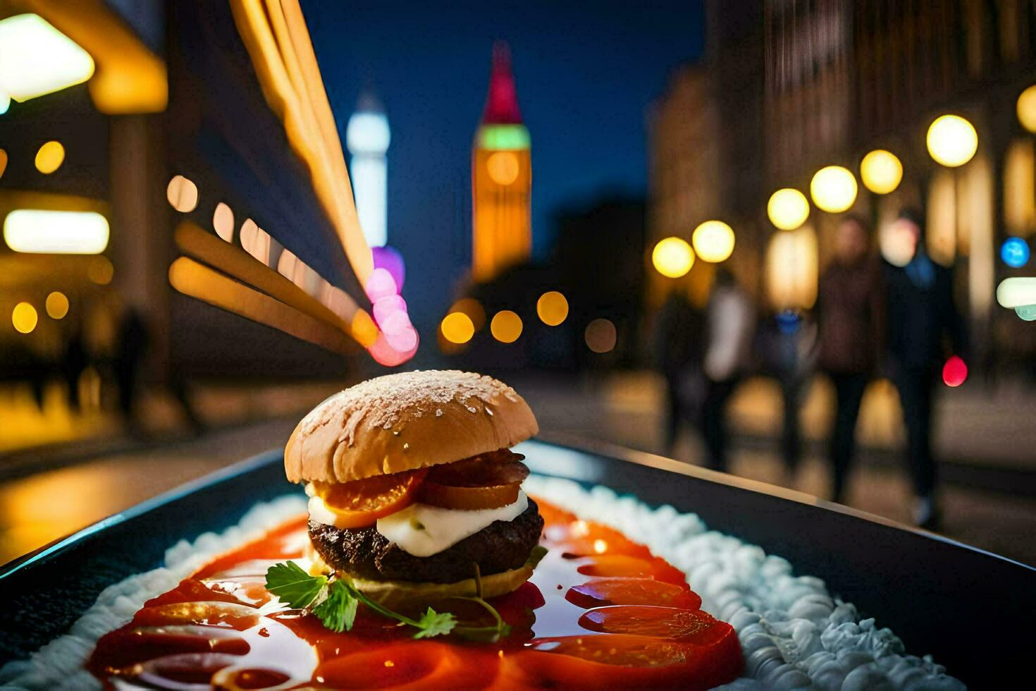 een Hamburger Aan een bord met tomaat saus. ai-gegenereerd foto