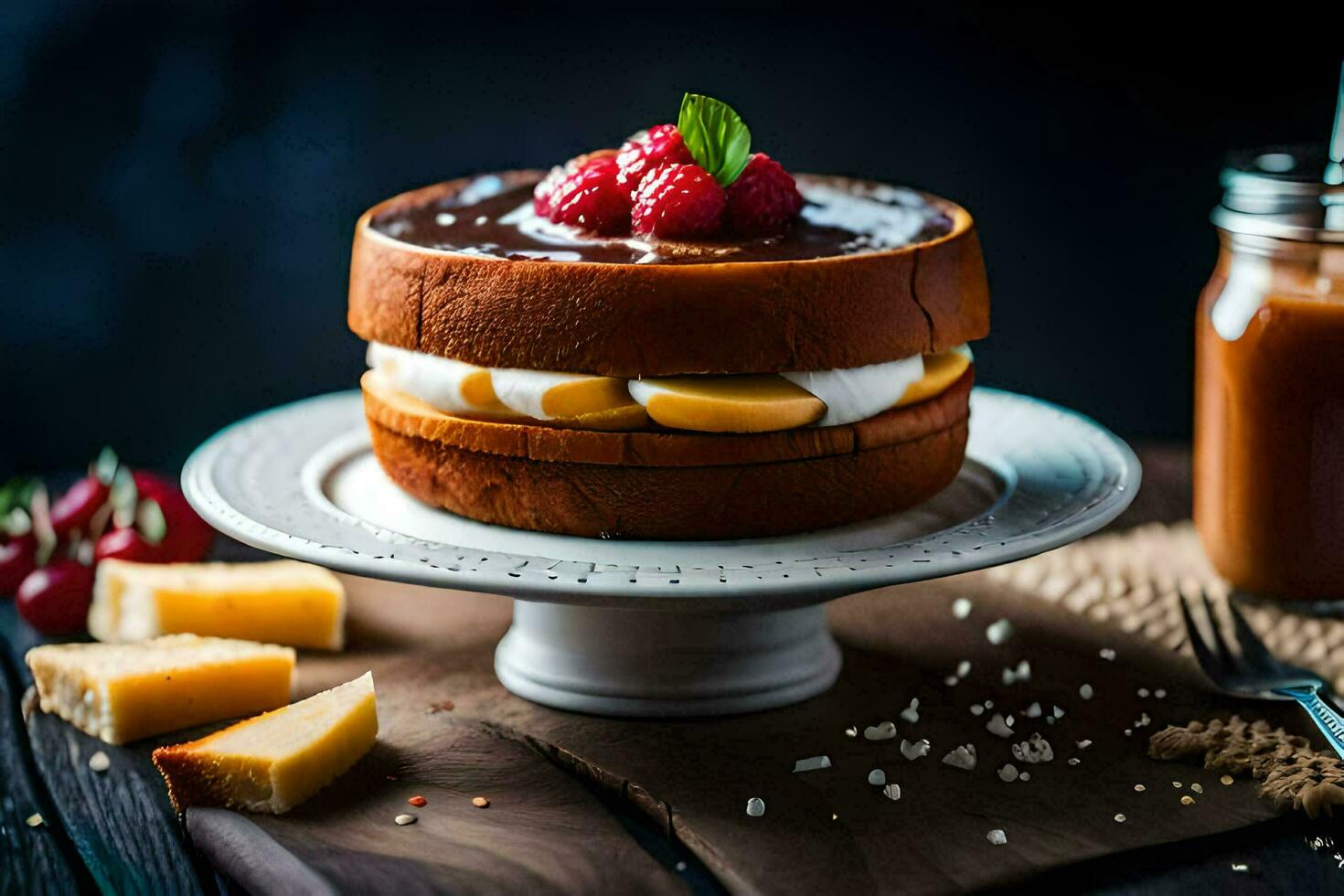 een taart met chocola glimmertjes en frambozen Aan top. ai-gegenereerd foto