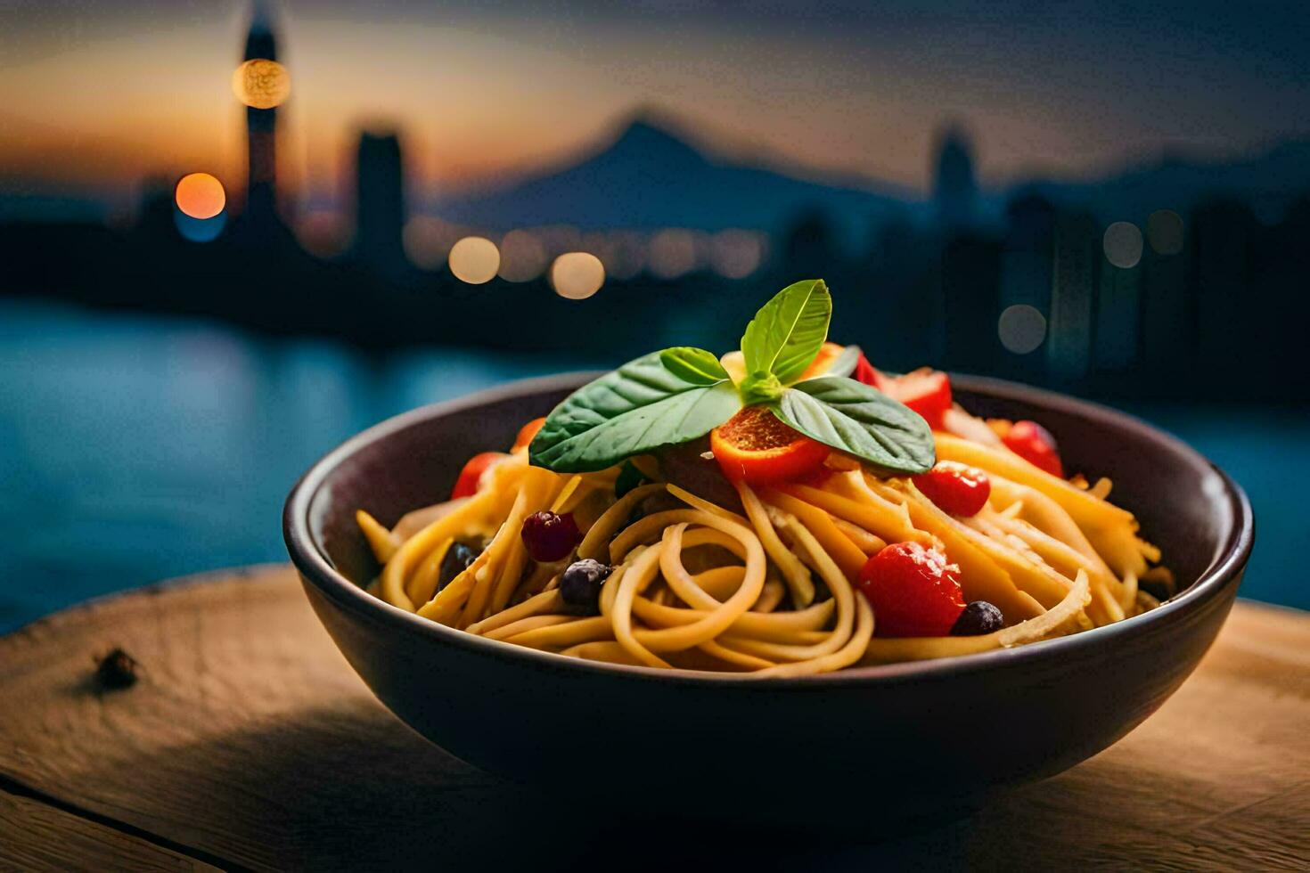 een kom van pasta met tomaten en basilicum Aan een houten tafel in voorkant van een stadsgezicht. ai-gegenereerd foto