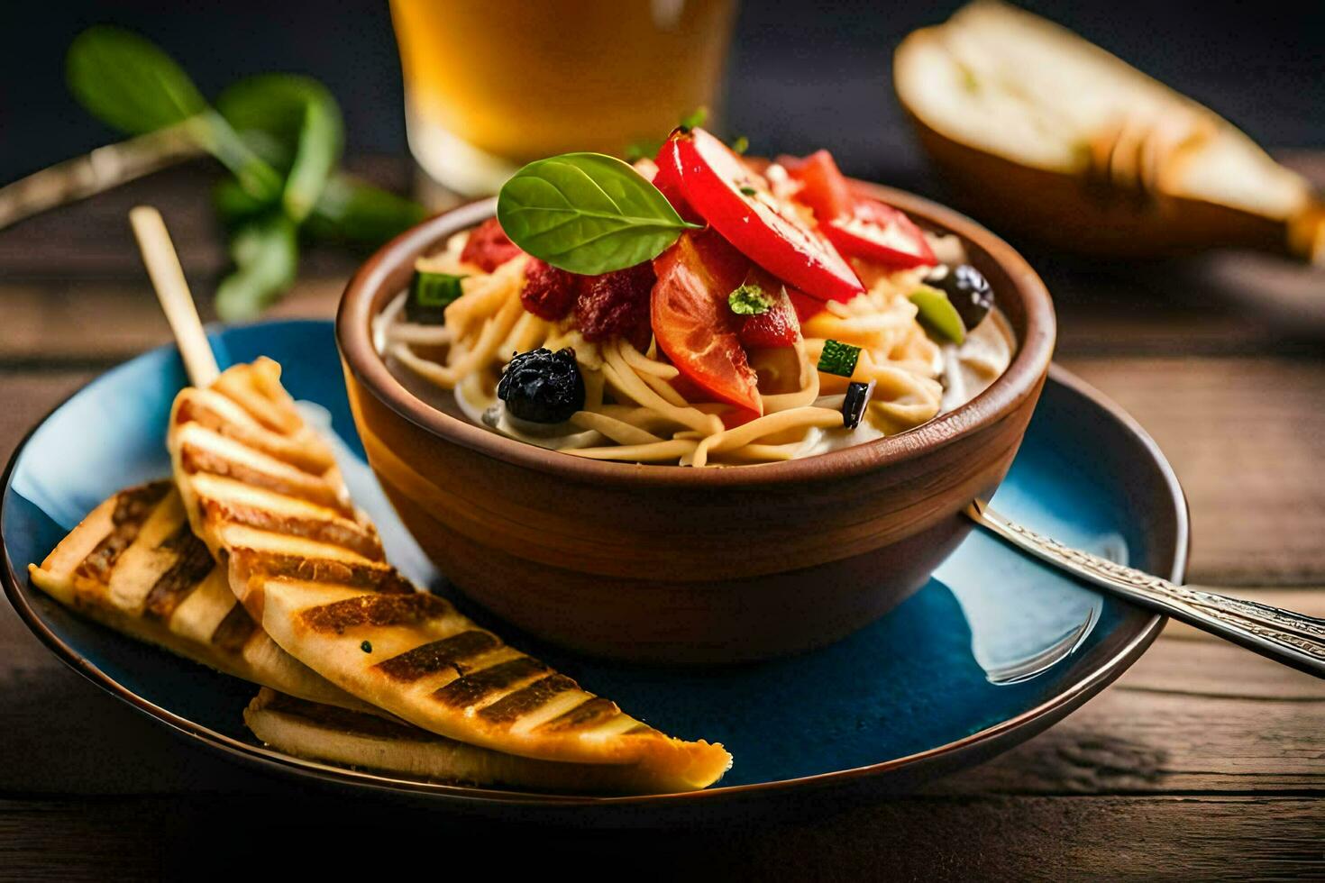 een kom van pasta met tomaten en basilicum Aan een houten tafel. ai-gegenereerd foto