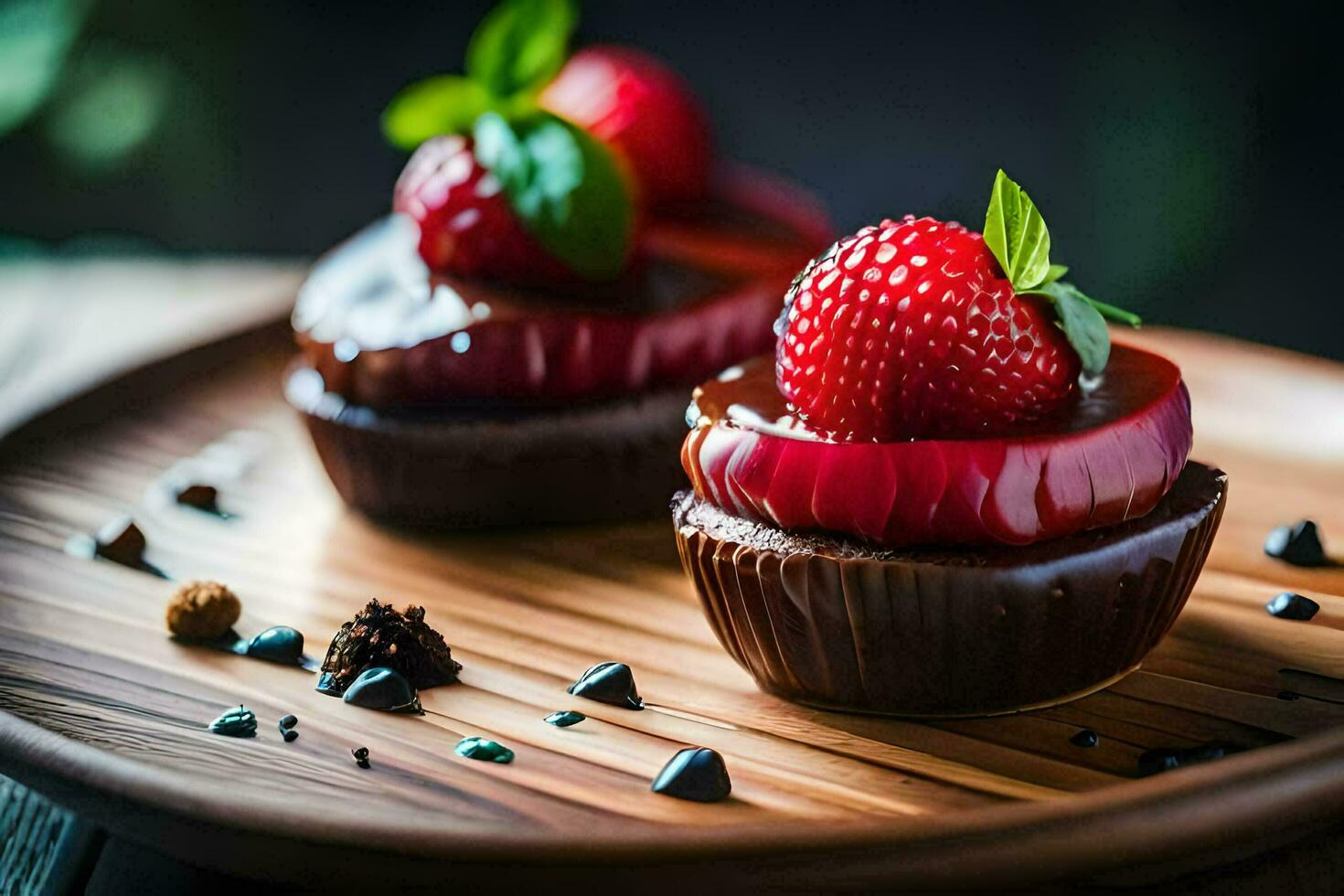 twee chocola cupcakes met aardbeien Aan top. ai-gegenereerd foto