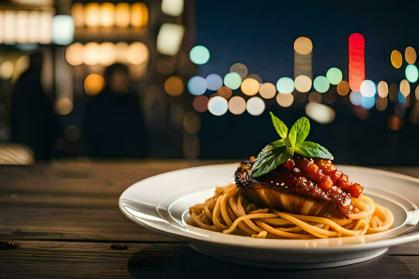 een bord van pasta met tomaat saus en een visie van de stad. ai-gegenereerd foto