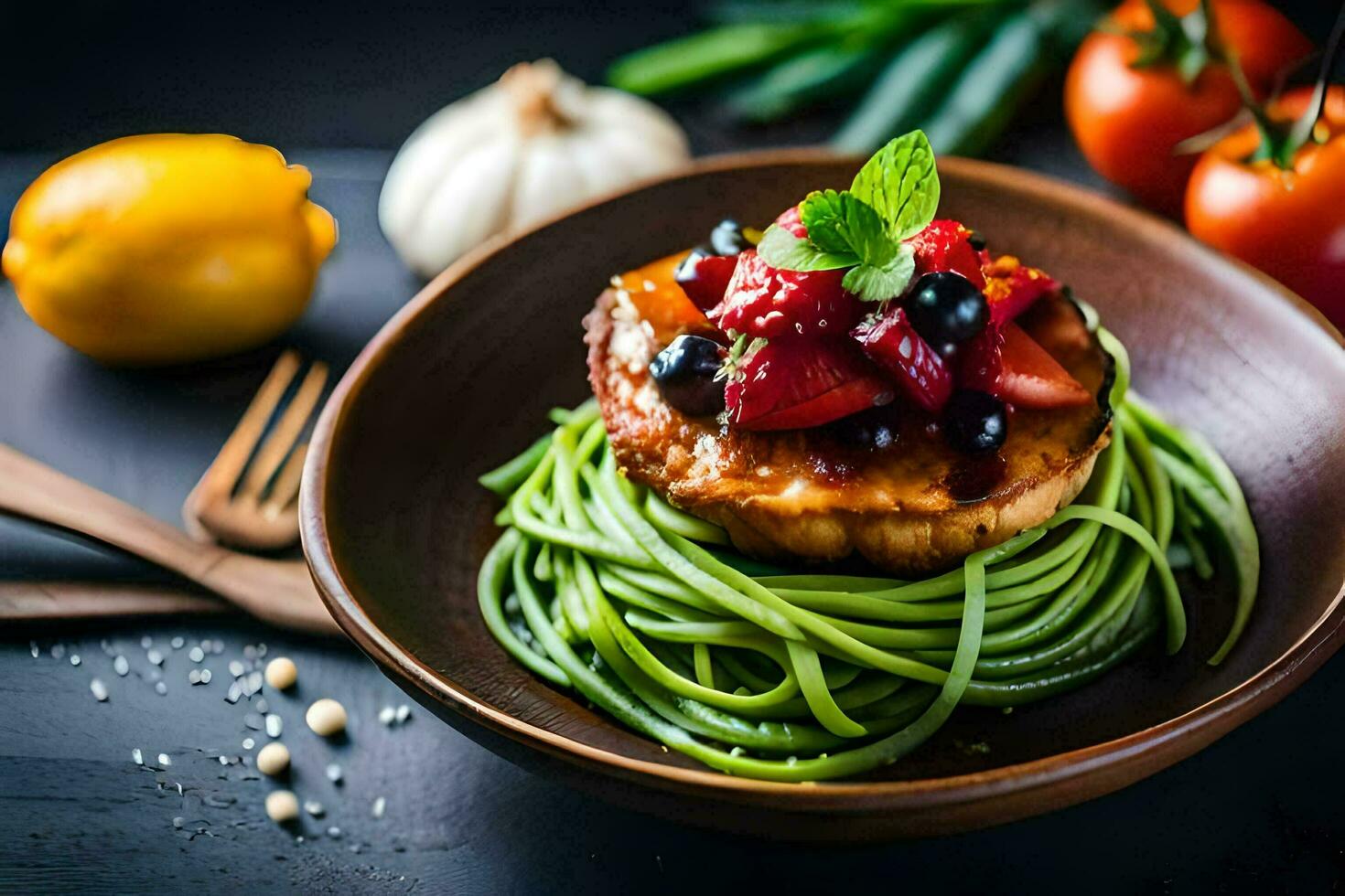 een bord van pasta met groenten en tomaten. ai-gegenereerd foto