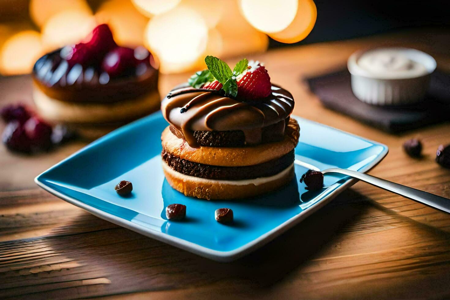 een bord met een chocola taart en een aardbei. ai-gegenereerd foto