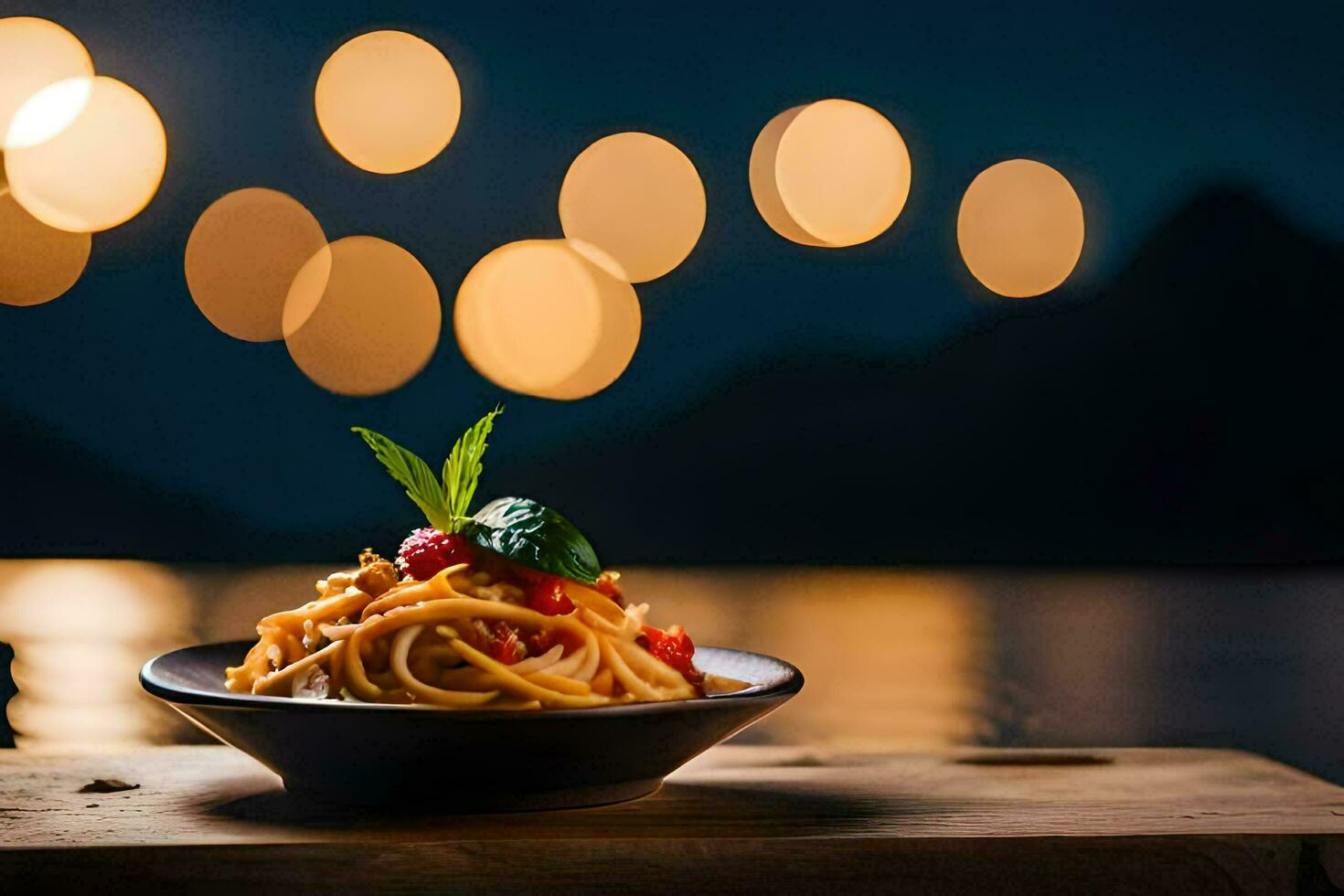 pasta in een kom Aan een houten tafel met bokeh lichten. ai-gegenereerd foto