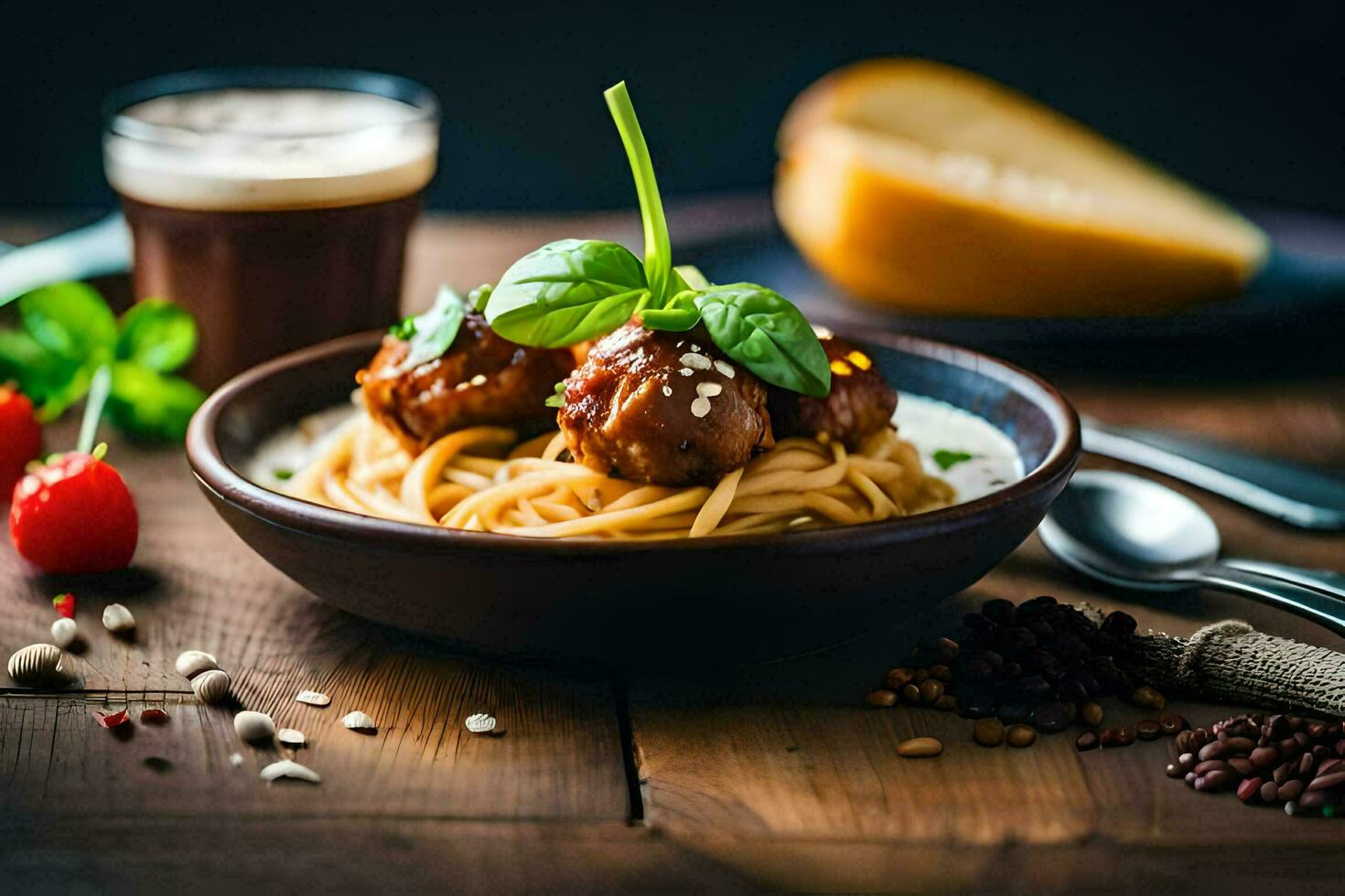 spaghetti met gehaktballen en tomaat saus in een schaal. ai-gegenereerd foto