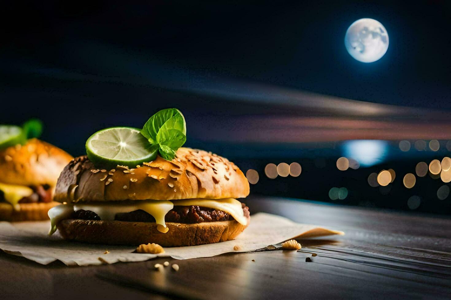 twee hamburgers met kaas en limoen Aan een tafel. ai-gegenereerd foto