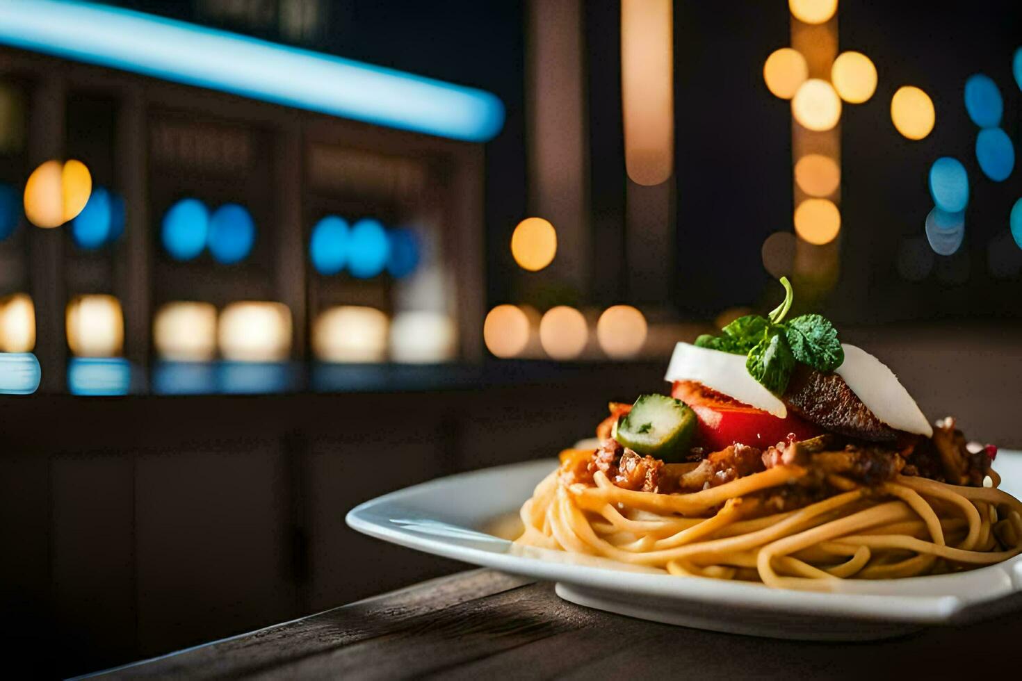 een bord van spaghetti met tomaat en Mozzarella Aan een houten tafel. ai-gegenereerd foto