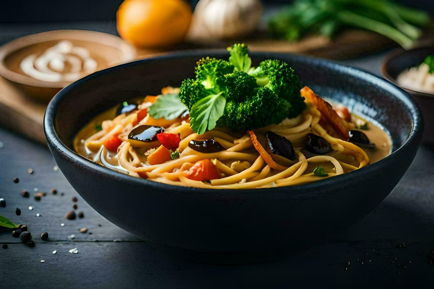 een kom van pasta met groenten en specerijen. ai-gegenereerd foto