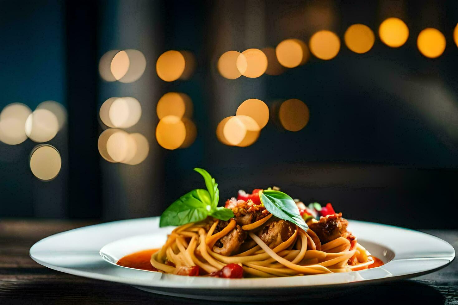 spaghetti met vlees en tomaat saus Aan een bord. ai-gegenereerd foto