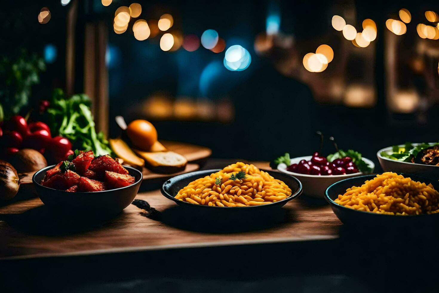 een tafel met kommen van voedsel Aan het. ai-gegenereerd foto