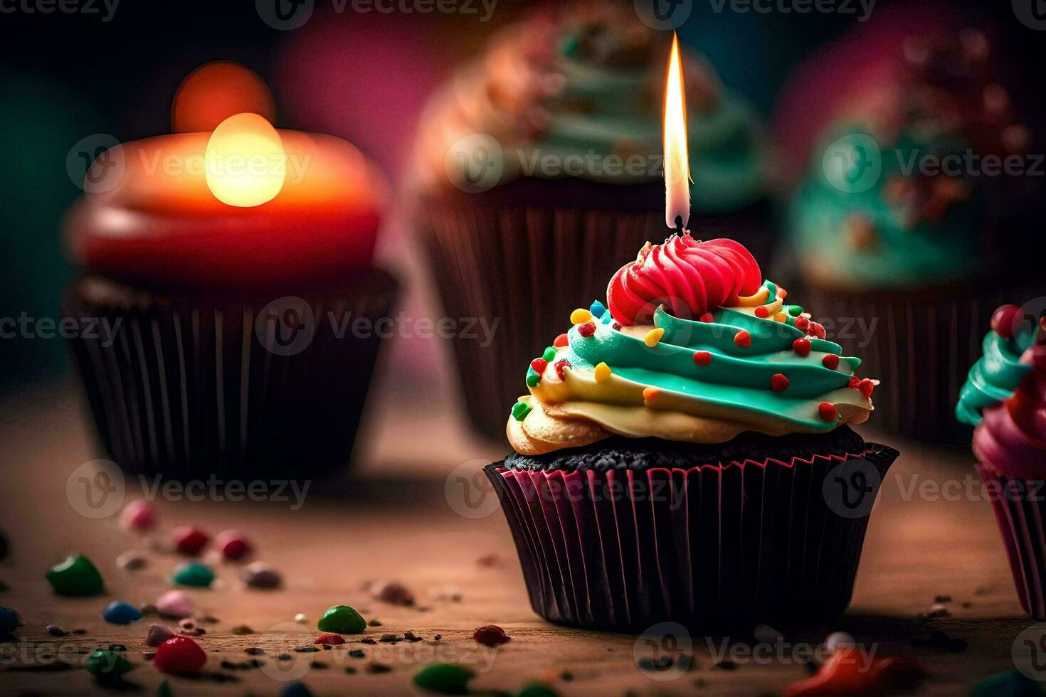 verjaardag kaarsen en cupcakes Aan een tafel. ai-gegenereerd foto
