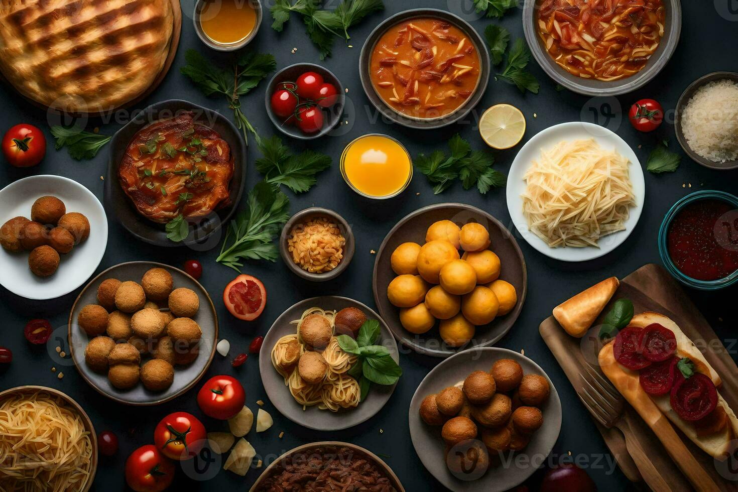 divers types van voedsel zijn geregeld Aan een tafel. ai-gegenereerd foto