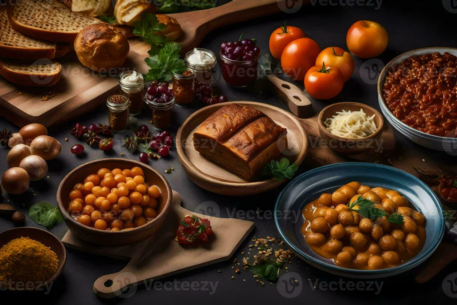 divers voedingsmiddelen inclusief brood, bonen, en andere ingrediënten. ai-gegenereerd foto