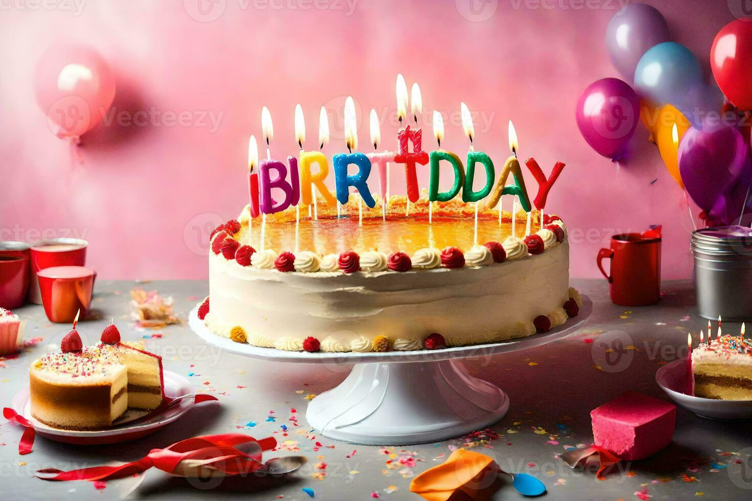 een verjaardag taart met kaarsen Aan het. ai-gegenereerd foto