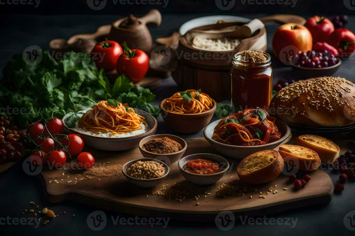 een verscheidenheid van voedsel Aan een houten bord. ai-gegenereerd foto