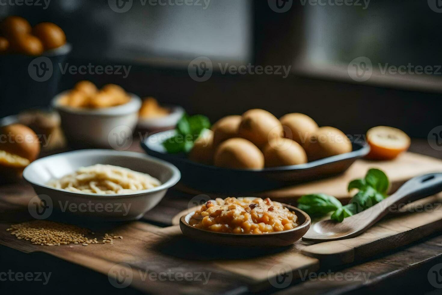 een houten tafel met kommen van voedsel en andere ingrediënten. ai-gegenereerd foto