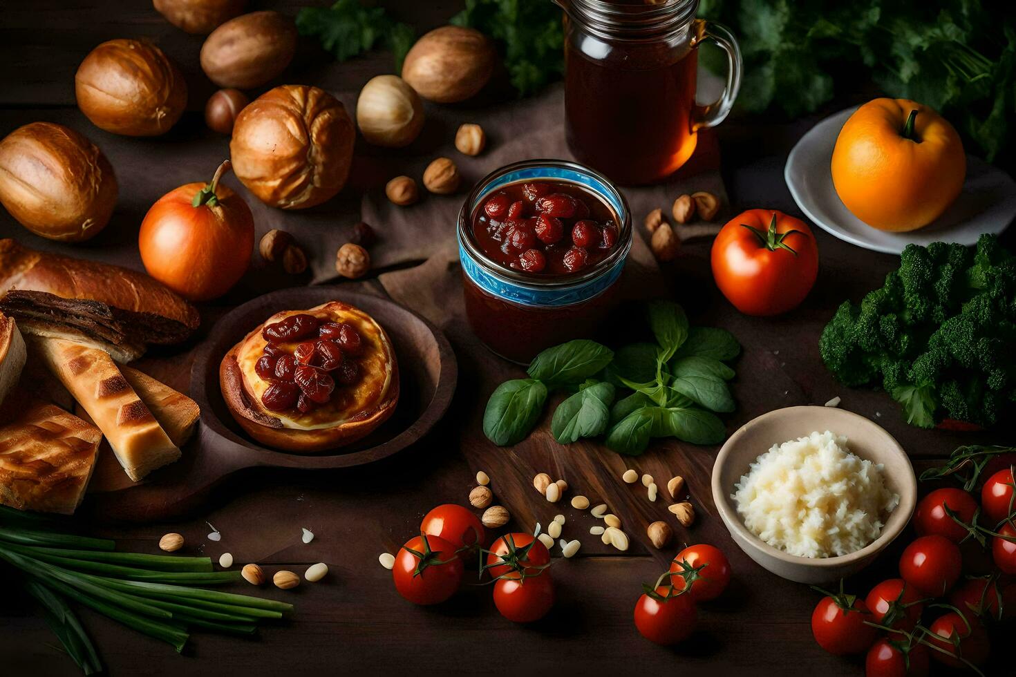 divers voedingsmiddelen inclusief brood, tomaten, kaas en andere ingrediënten. ai-gegenereerd foto