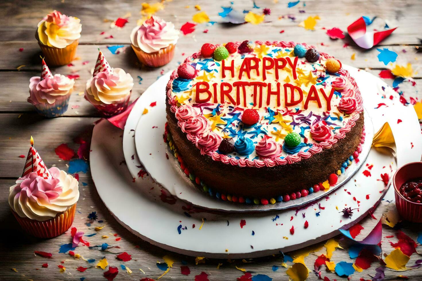gelukkig verjaardag taart met cupcakes Aan houten tafel. ai-gegenereerd foto