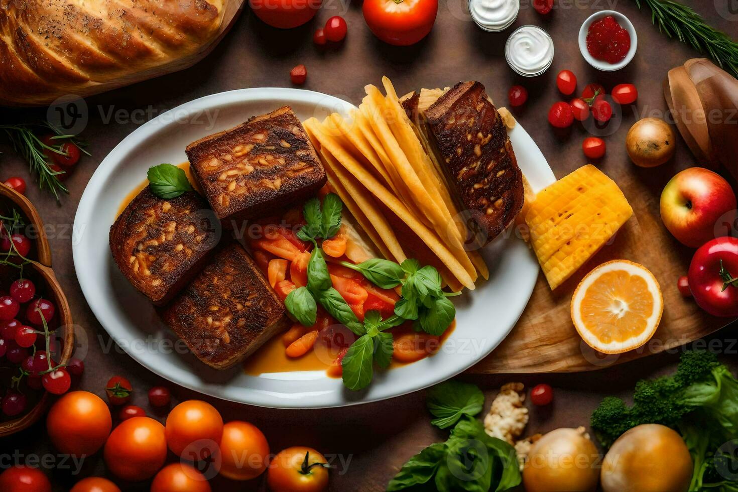 voedsel met groenten en brood Aan een houten tafel. ai-gegenereerd foto