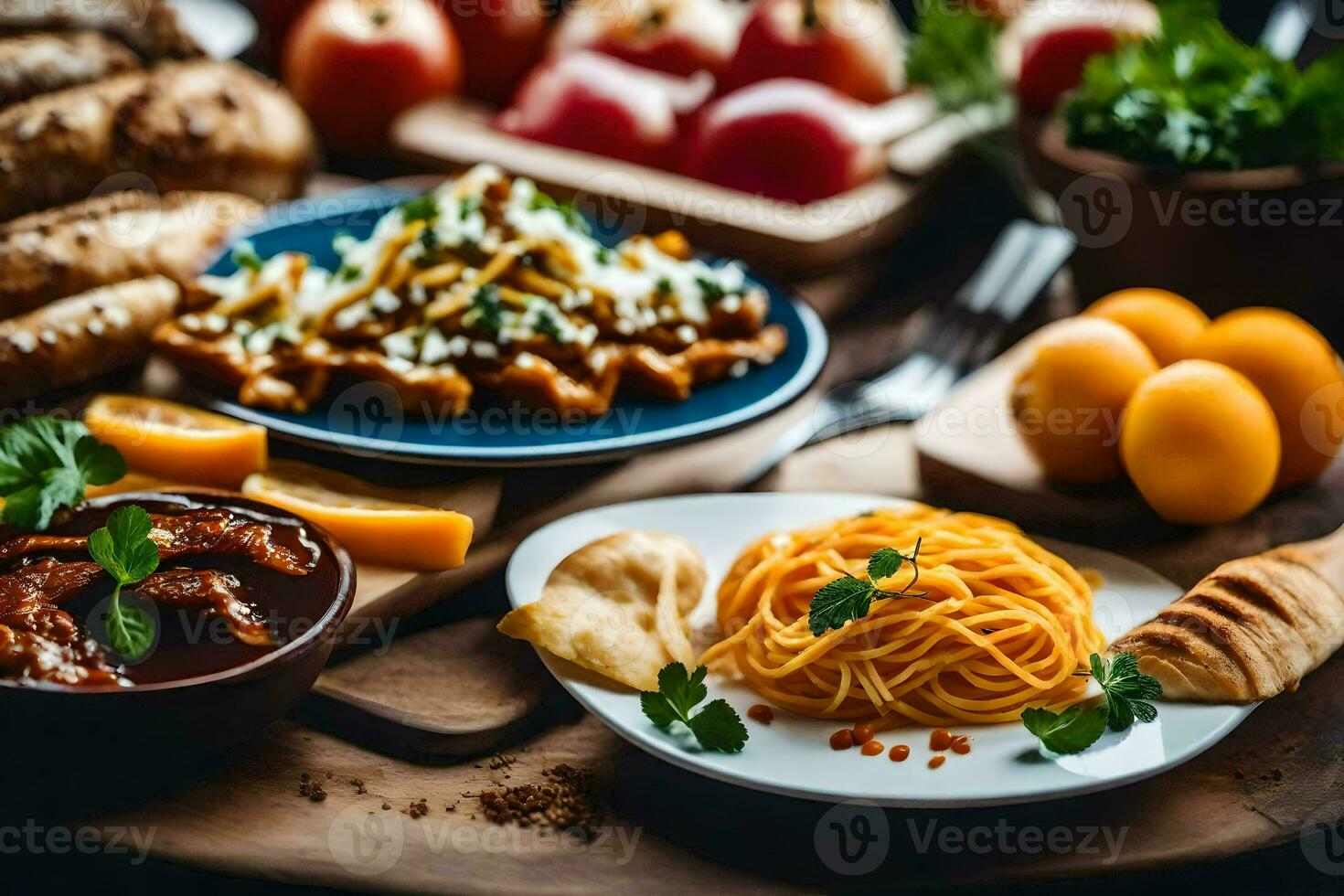 een tafel met voedsel en borden van pasta. ai-gegenereerd foto
