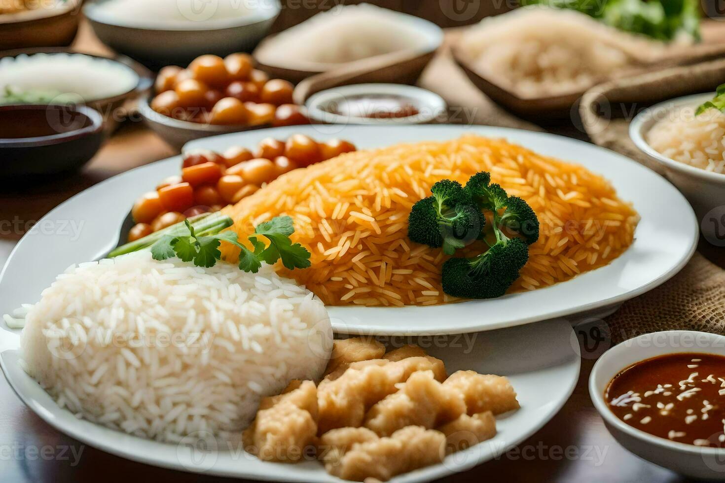 een tafel met rijst, groenten en andere borden. ai-gegenereerd foto
