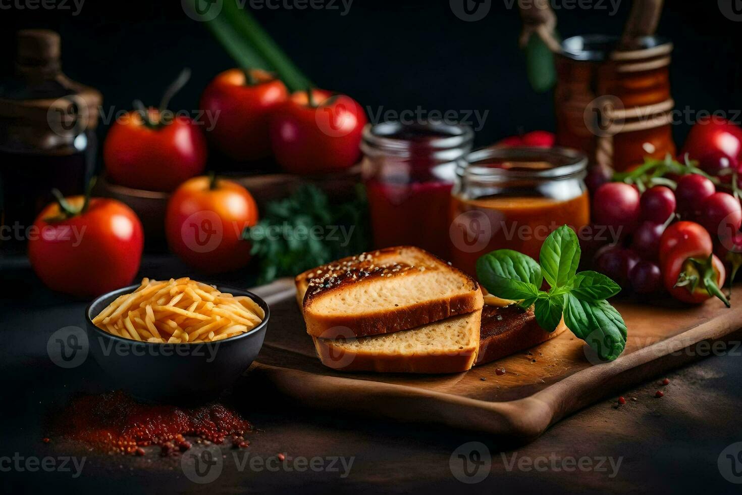 de voedsel is Aan een houten bord met tomaten, brood, kaas, en specerijen. ai-gegenereerd foto